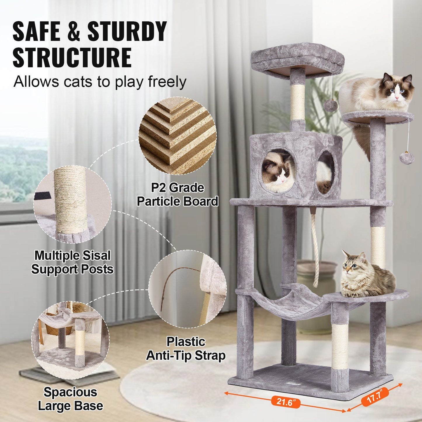 VEVOR Cat Tree 56.2" Cat Tower with Cat Condo Sisal Scratching Post Light Grey