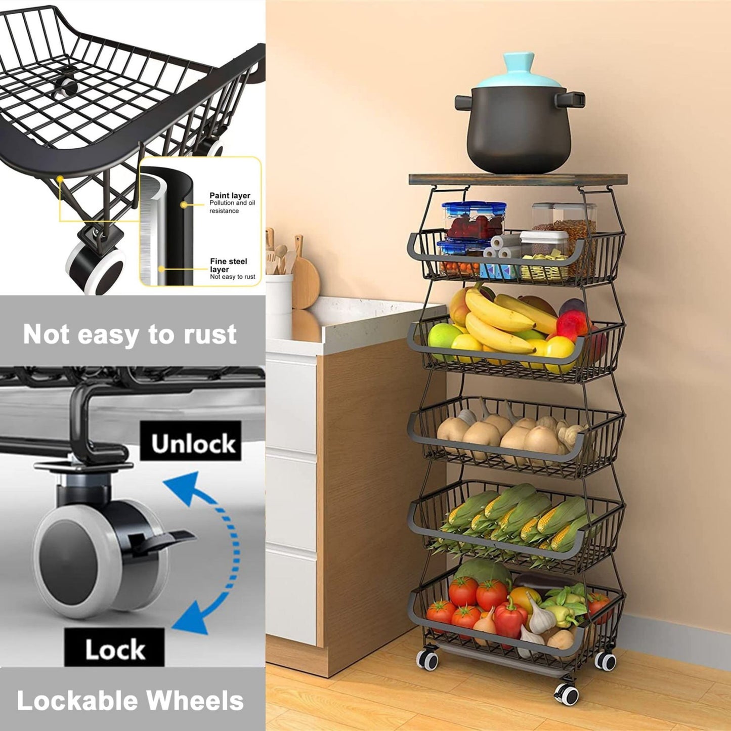 4/5/6 Tier Fruit Basket for Kitchen Organizers and Storage,with Solid Wood Top,Stackable Metal Wire Basket Stand Cart with Wheels for Fruit Vegetable