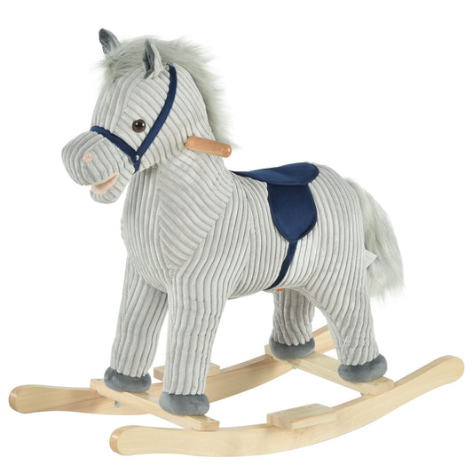 Qaba Kids Rocking Horse for Toddler 3-5, Plush Ride on Horse Wooden Rocker with Realistic Sounds, Gray