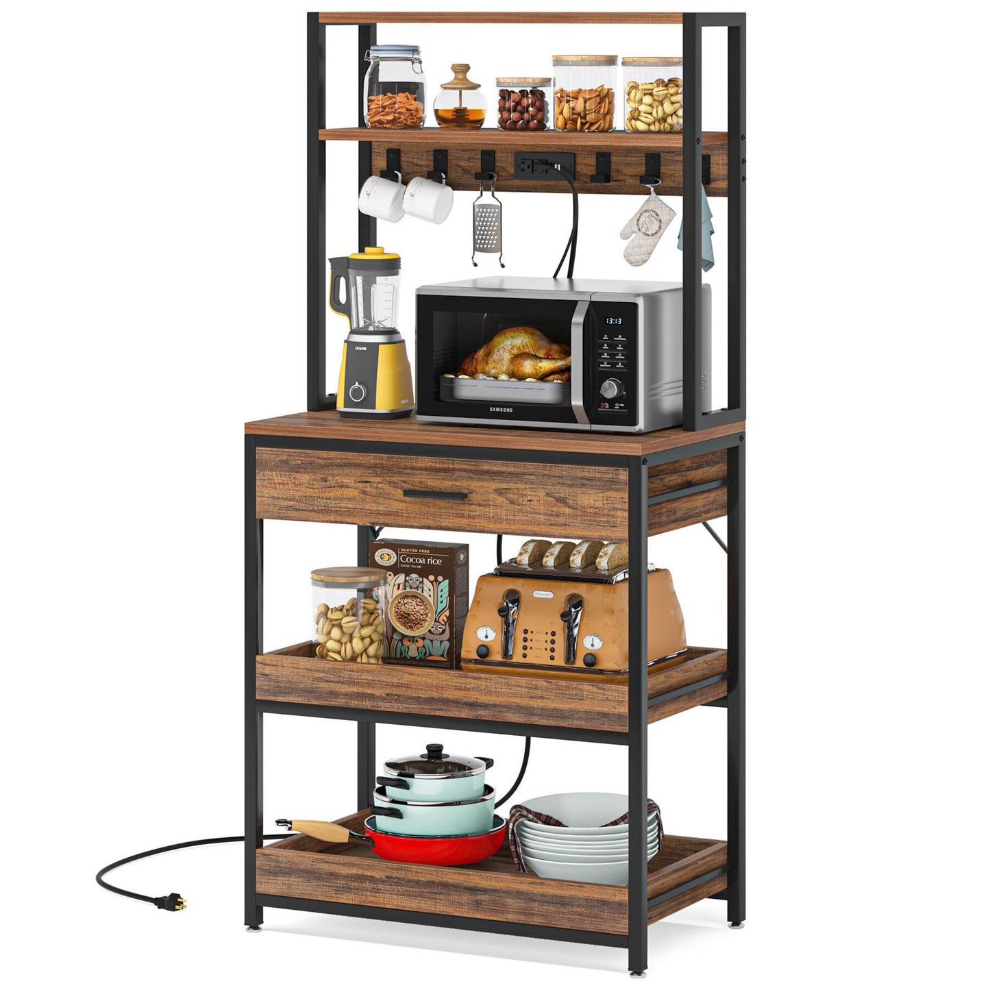 5-Tier Kitchen Baker's Rack with Power Outlets, Drawer & Sliding Shelves