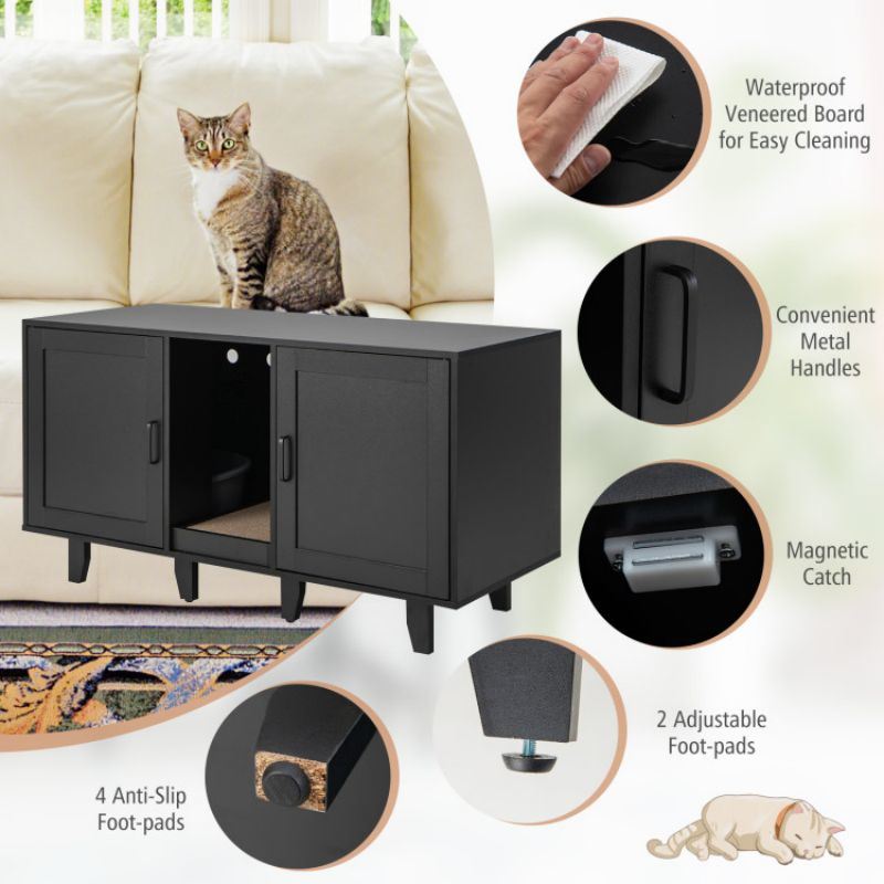 2-Door Cat Litter Box Enclosure with Winding Entry and Scratching Board