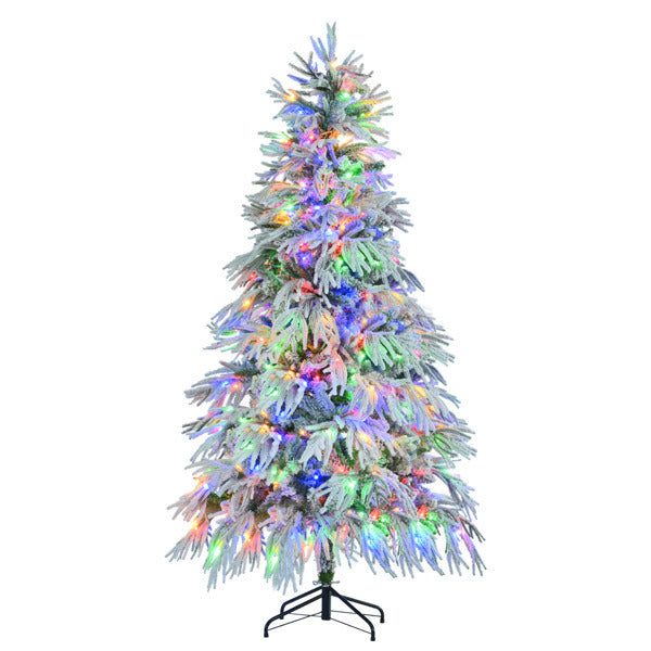 6FT Pre-Lit Spruce Snow Flocked Christmas Tree, Artificial Hinged Xmas Tree with 300 Multi-Color LED Lights, 8 Flashing Modes &790 Snow Branch Tips, Holiday Office Home Décor