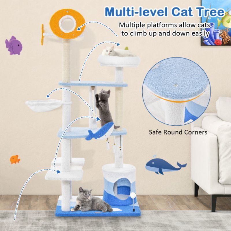 Multi-level Ocean-themed Cat Tree Tower with Sisal Covered Scratching Posts