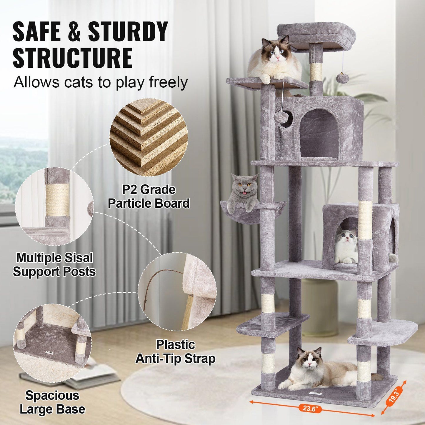 VEVOR Cat Tree 68.5" Cat Tower with Cat Condos Sisal Scratching Post Light Grey