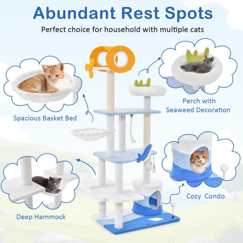 Multi-level Ocean-themed Cat Tree Tower with Sisal Covered Scratching Posts