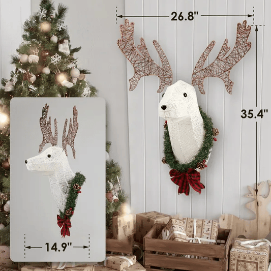 Lighted Christmas Wall Decor Reindeer Head, 39 Pre-lit 3D Rudolph Hanging Wreath For Front Door Window Indoor Outdoor Xmas Decor Lighted Holiday Displays