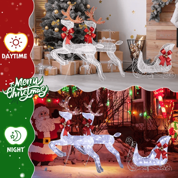 3-Piece Lighted Set Of 2 Reindeer & Sleigh, Weather Proof Christmas Outdoor Decorations With Pre-lit 270 LED White Lights And Stakes For Xmas Outdoor Holiday Indoor Decor Lighted Holiday Displays, Whi