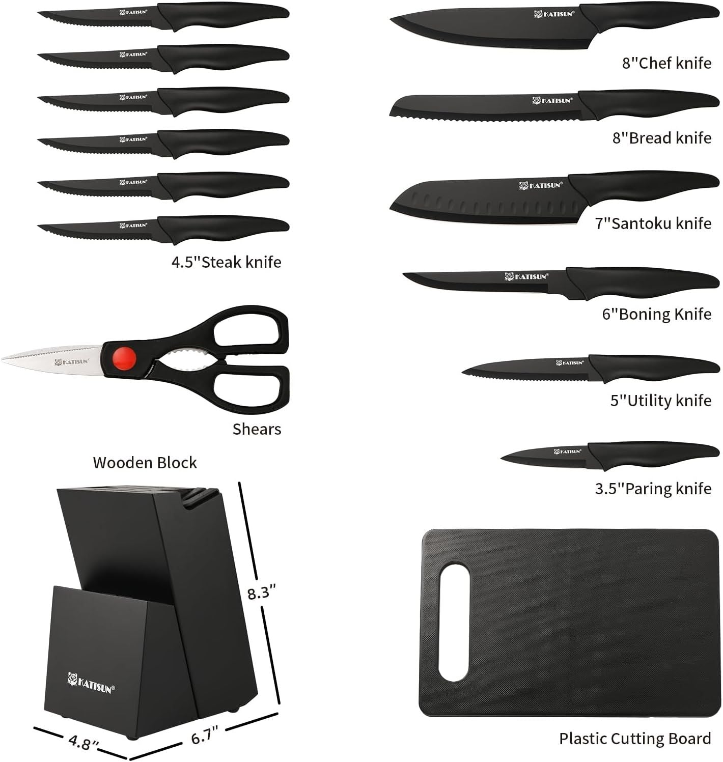 16 Pieces Kitchen Knife Block Set with Cutting Board, German Premium Quality Stainless Steel, Built-in sharpener, Dishwasher Safe, 6 Steak Knives, Anti-slip handle, Black