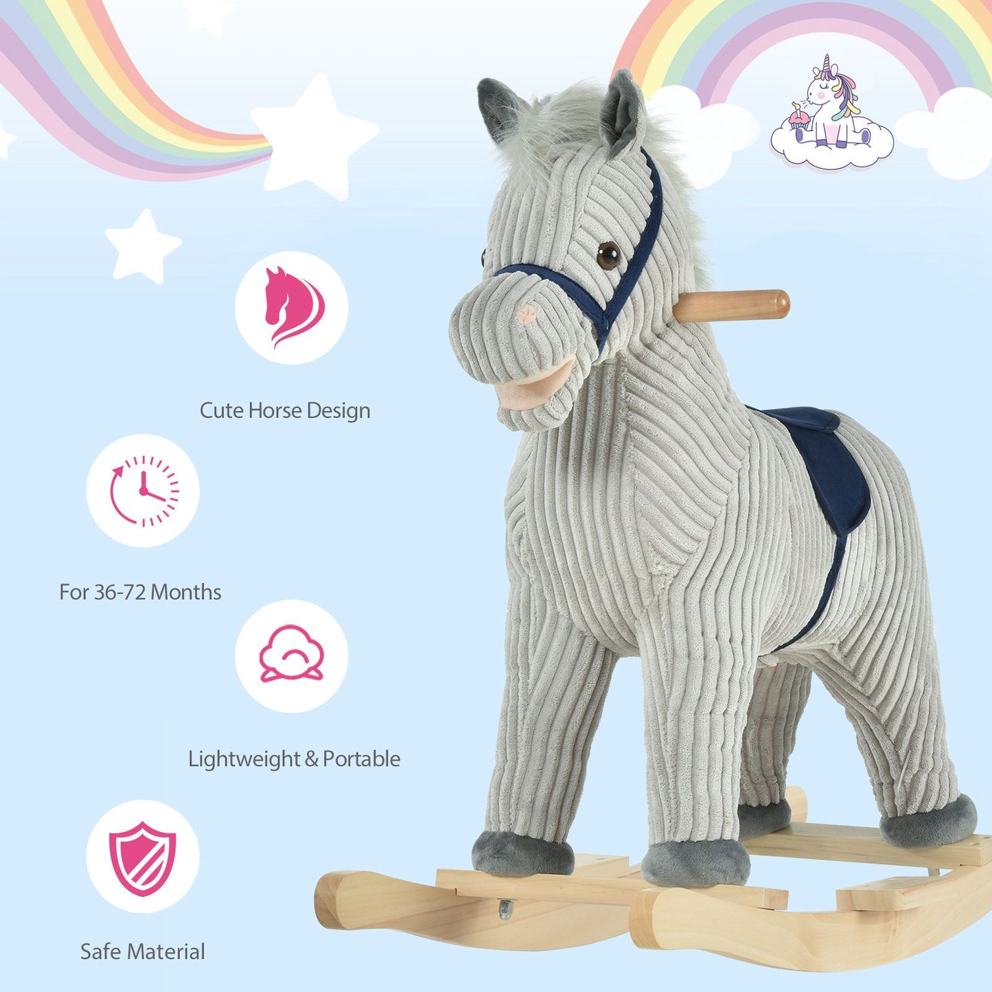 Qaba Kids Rocking Horse for Toddler 3-5, Plush Ride on Horse Wooden Rocker with Realistic Sounds, Gray