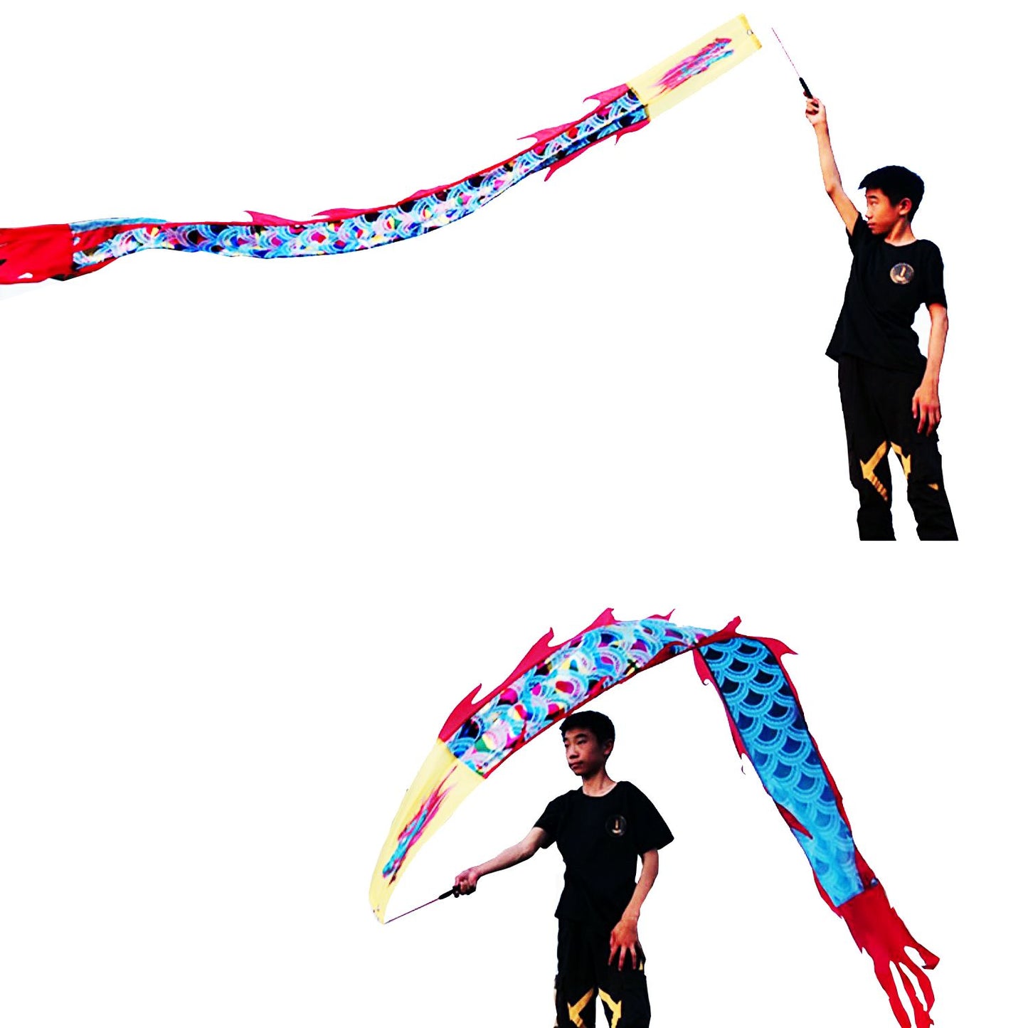 3 Meters (9.8 FT) Golden Scale Silk Dragon POI Outdoor Flinging Wind Spinners & Fitness Dragon Dance Wu Long 3D dragon Ribbon Streamer with Fiberglass Handstick + Travel Bag!