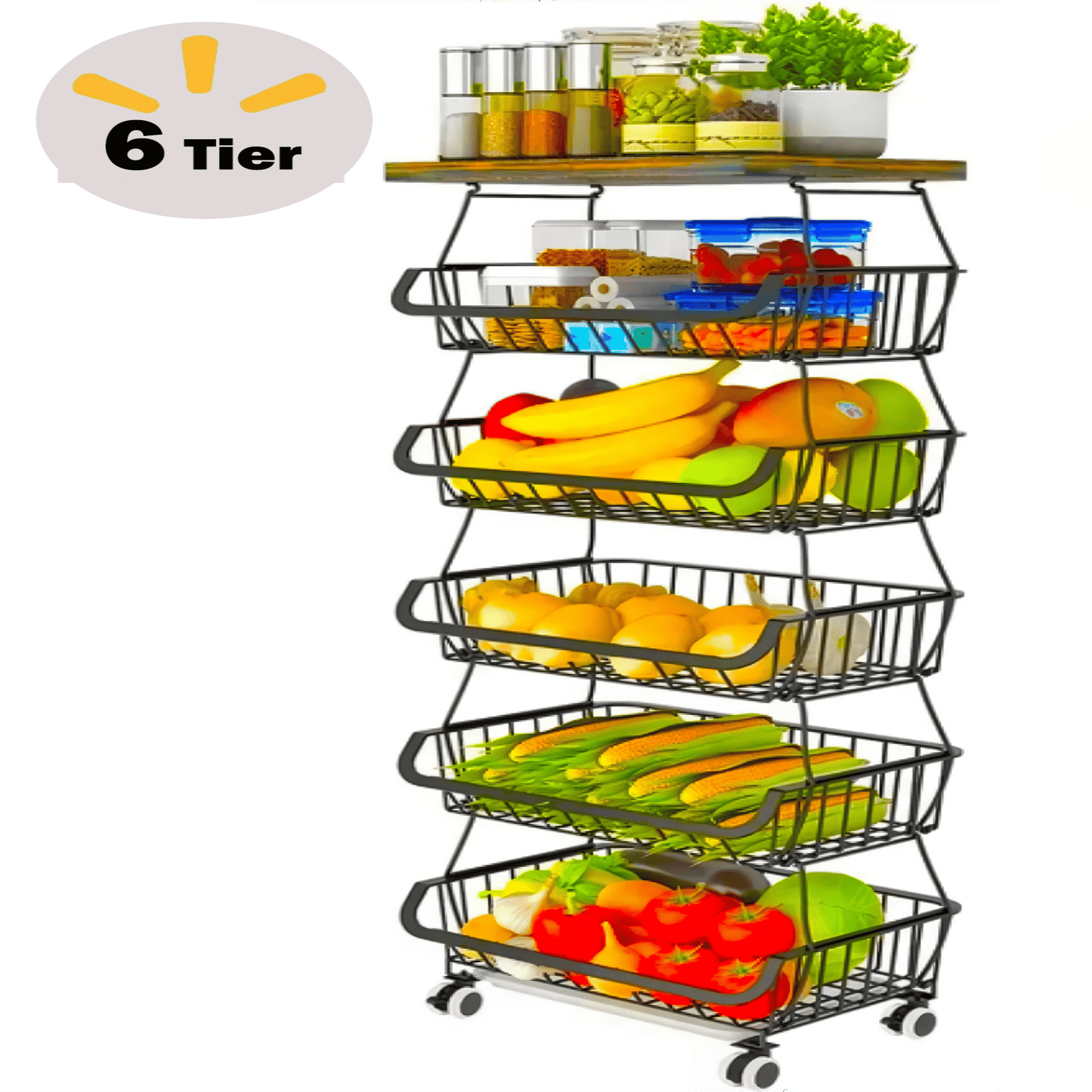 4/5/6 Tier Fruit Basket for Kitchen Organizers and Storage,with Solid Wood Top,Stackable Metal Wire Basket Stand Cart with Wheels for Fruit Vegetable