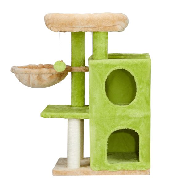 33 inch Cat Tree Cat Tower for Indoor Cats, Cat Activity Center Play House with Large Padded Perch, Hammock, 2-Tiered Condo, Scratching Posts & Dangling Ball, Yellow & Green