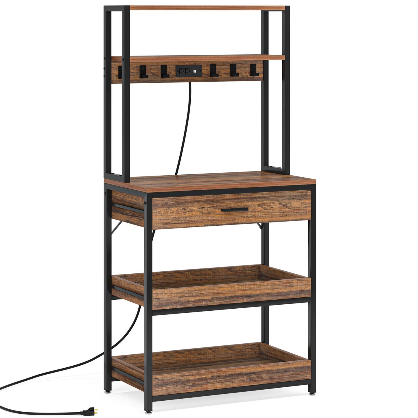 5-Tier Kitchen Baker's Rack with Power Outlets, Drawer & Sliding Shelves