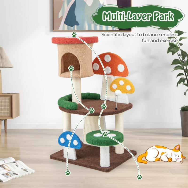 4-In-1 Mushroom Cat Tree with Condo Spring Ball and Sisal Posts