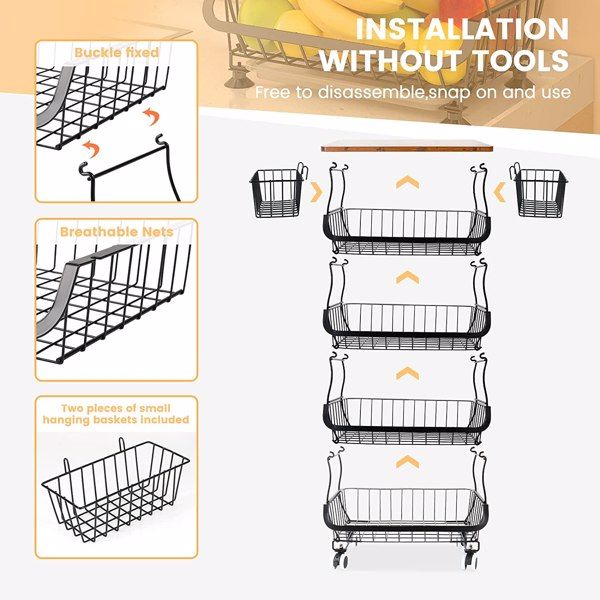 5-layer fruit basket, used for kitchen organizer and storage, stackable metal wire basket vertical cart, floor standing fruit rack basket with wheels