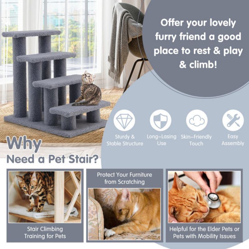 24 Inch 4-Step Pet Stairs Carpeted Ladder Ramp Scratching Post Cat Tree Climber