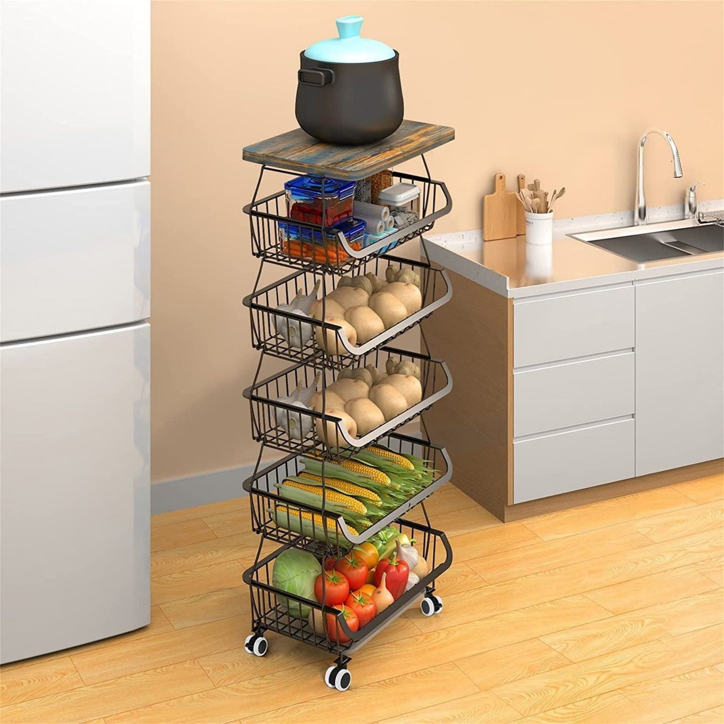 4/5/6 Tier Fruit Basket for Kitchen Organizers and Storage,with Solid Wood Top,Stackable Metal Wire Basket Stand Cart with Wheels for Fruit Vegetable