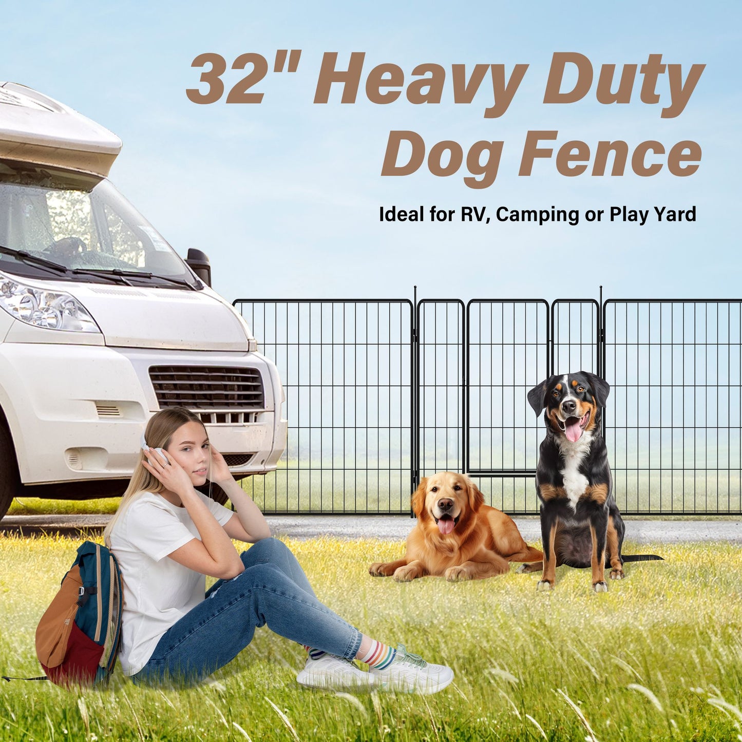 Dog Playpen Indoor Outdoor, 32" Height 8 Panels Fence with Anti-Rust Coating, Metal Heavy Portable Foldable Dog Pen for Large, Medium Small Dogs RV Yard Camping