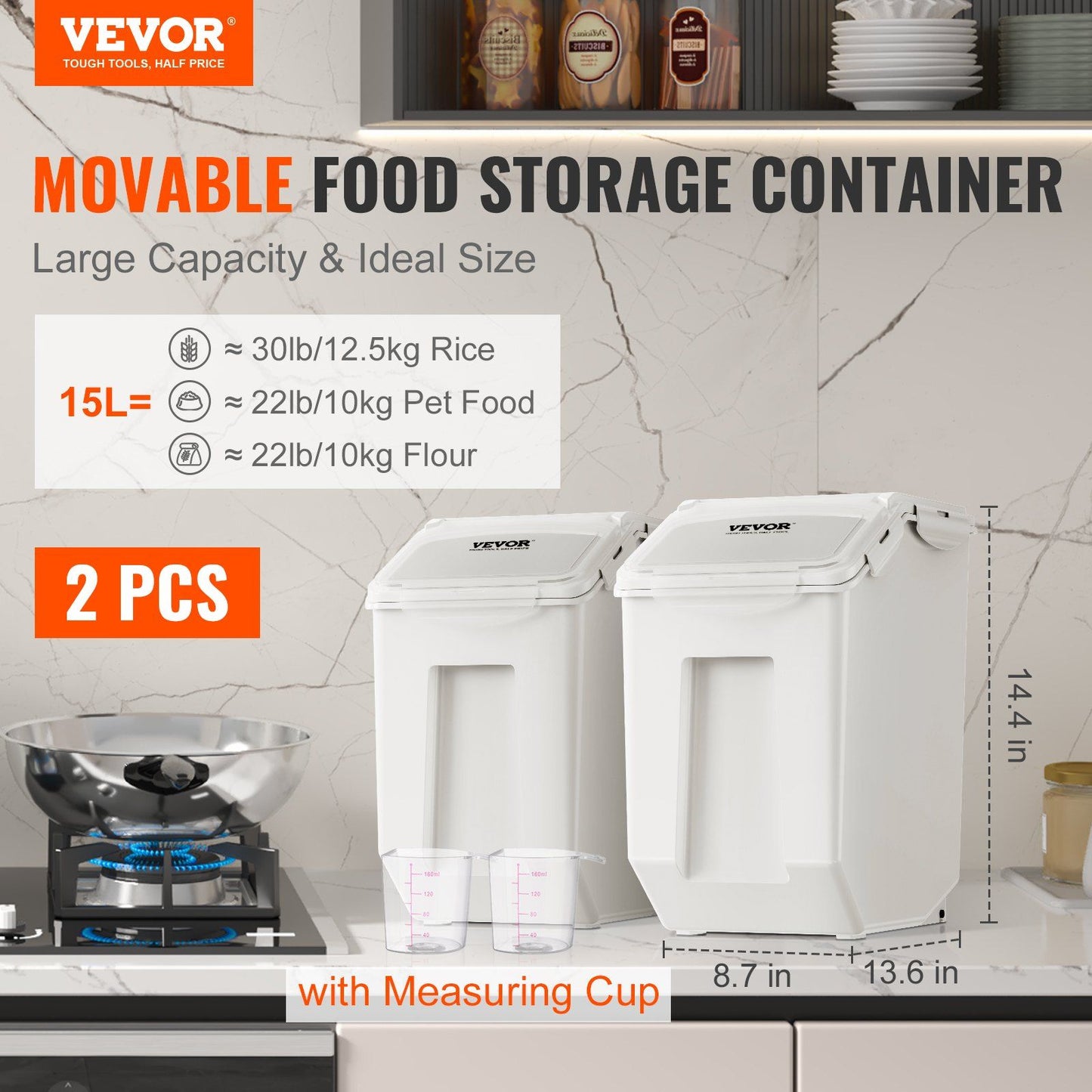 VEVOR Ingredient Storage Bin, 2 x 15L Dispenser Bin with 2 Measuring Cups, Attachable Casters and Airtight Lid, 2 Pcs/Set Dog Pet Food Storage Container, PP Material Kitchen Rice Cereal Flour Bin