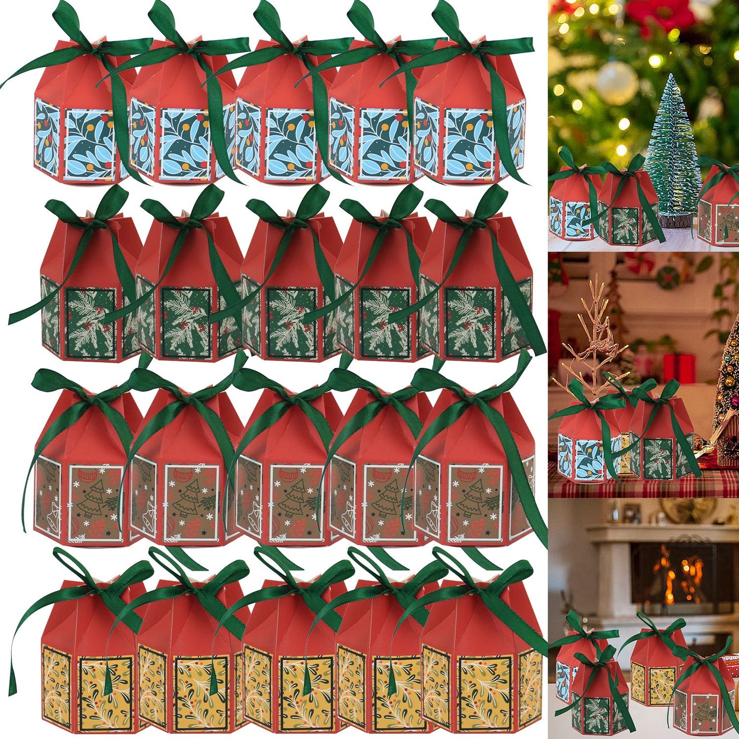 20 Pcs Christmas Candy Boxes with Ribbon Colorful Goodies Treat Box Snowflake Christmas Tree Cases for Xmas Gift Wrapping Holiday Party Supplies