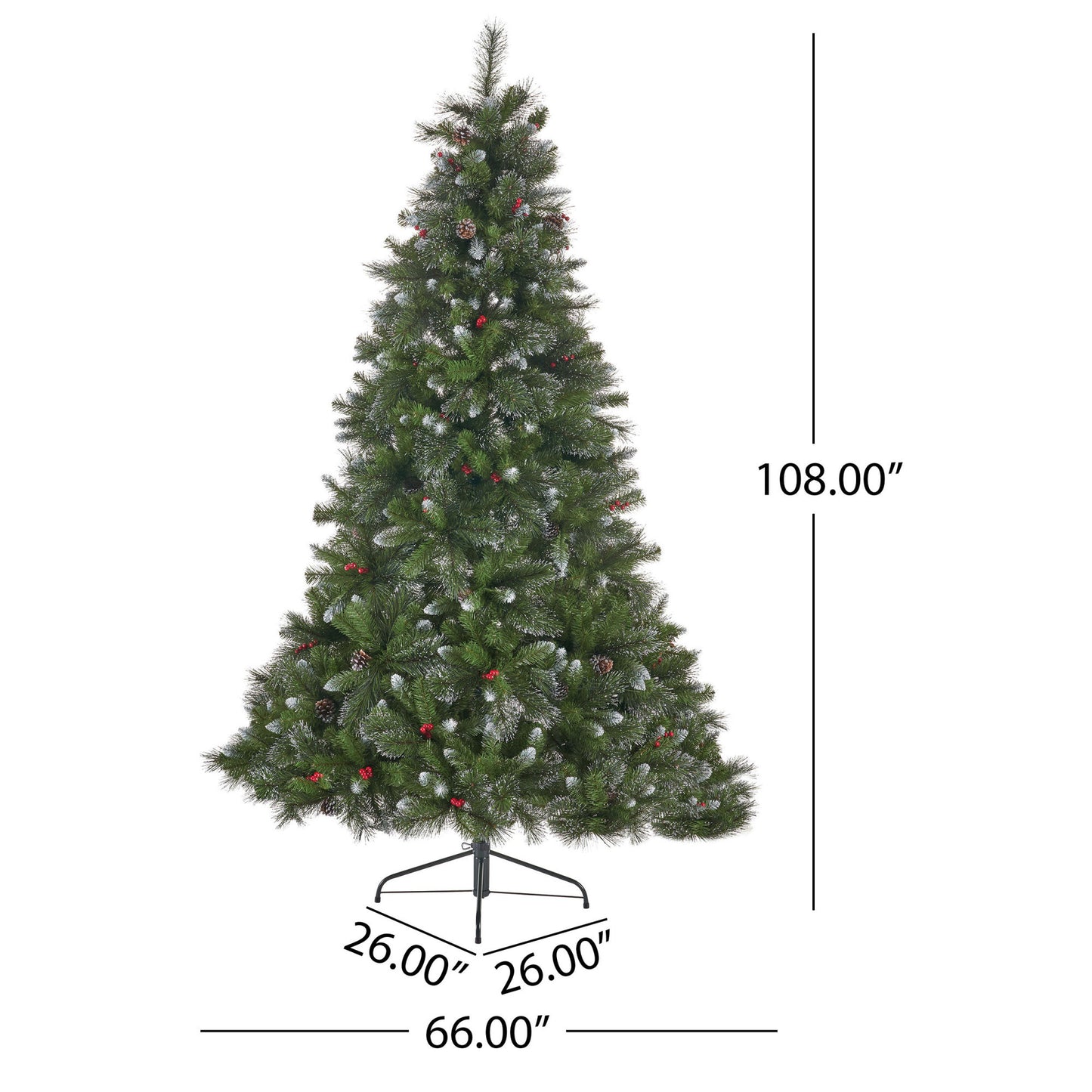 9' Glitter Bristle Mixed Hinged Tree with 72 Red Berry and 73 Pine Cones and 2099 tips,Dia:66