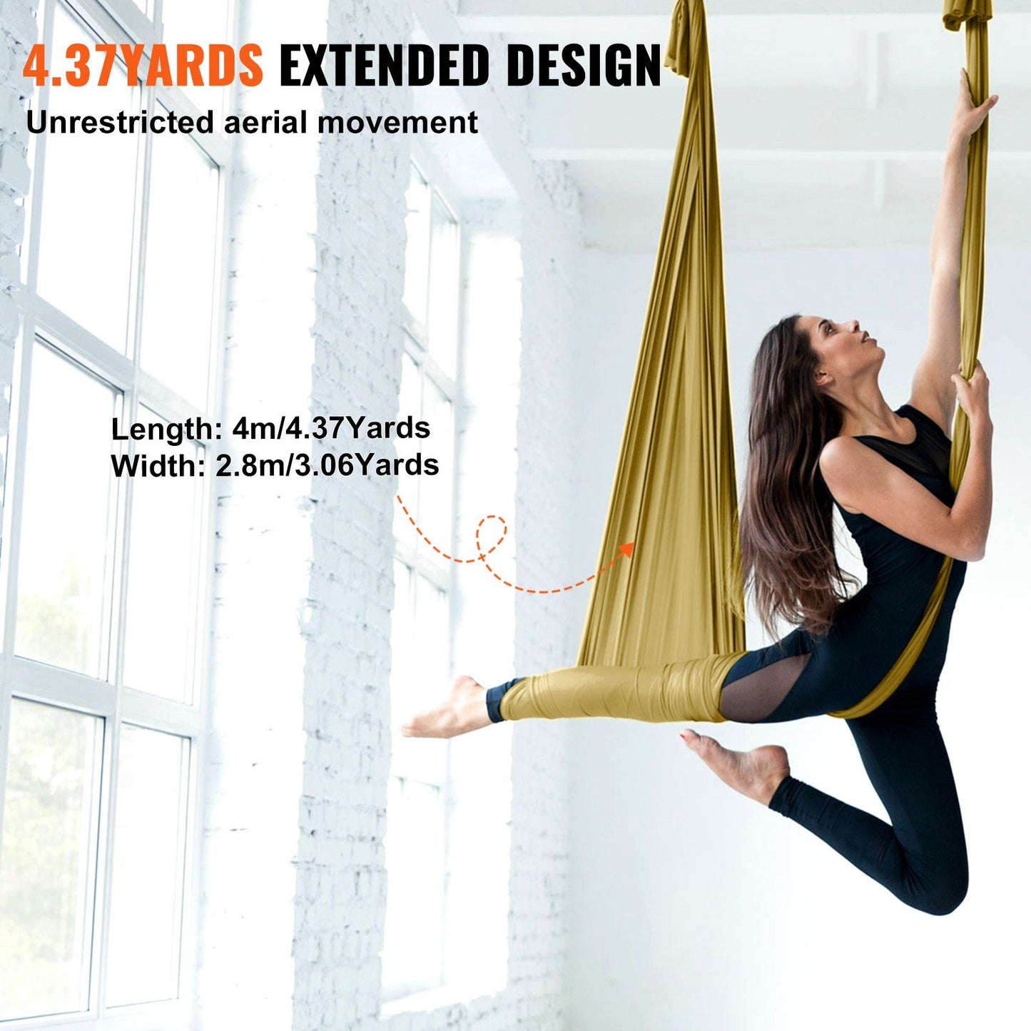 VEVOR Aerial Yoga Hammock & Swing, 4.4 Yards, Aerial Yoga Starter Kit with 100gsm Nylon Fabric, Full Rigging Hardware & Easy Set-up Guide, Antigravity Flying for All Levels Fitness Bodybuilding, Gold