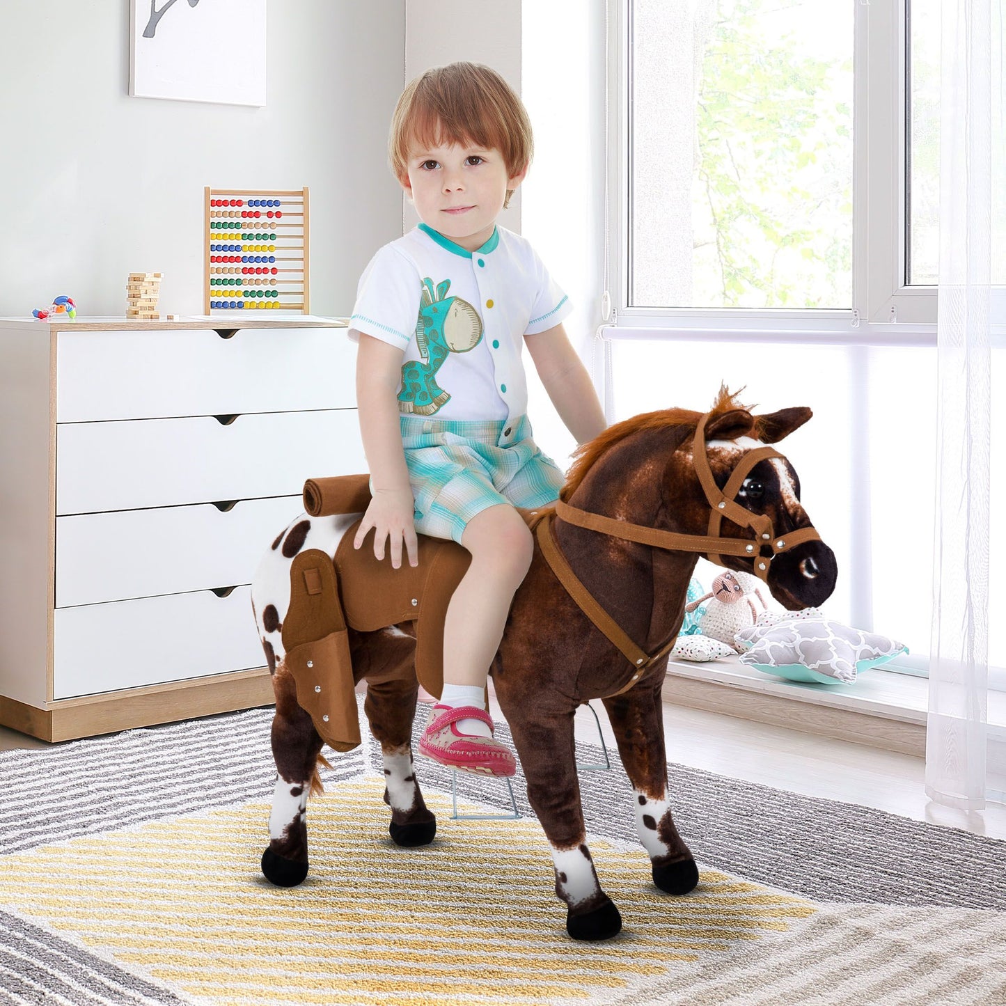 Qaba Sound-Making Ride On Horse for Toddlers 3-5, with Neighing and Galloping Sound, Stuffed Animal Horse Toy for Kids with Padding, Soft Feel, Brown