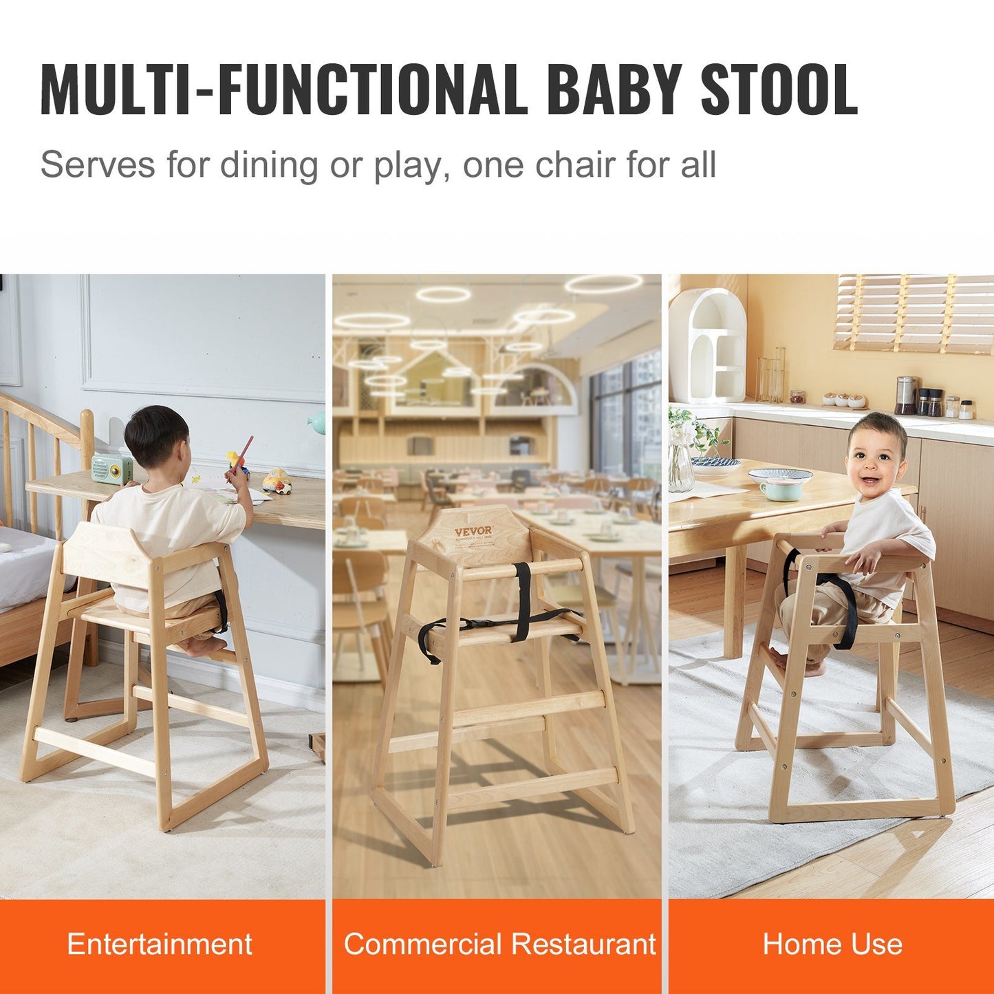 VEVOR Wooden High Chair for Babies & Toddlers, Double Solid Wood Feeding Chair, Eat & Grow Portable High Chair, Easy to Clean Baby Booster Seat, Compact Toddler Chair, Natural