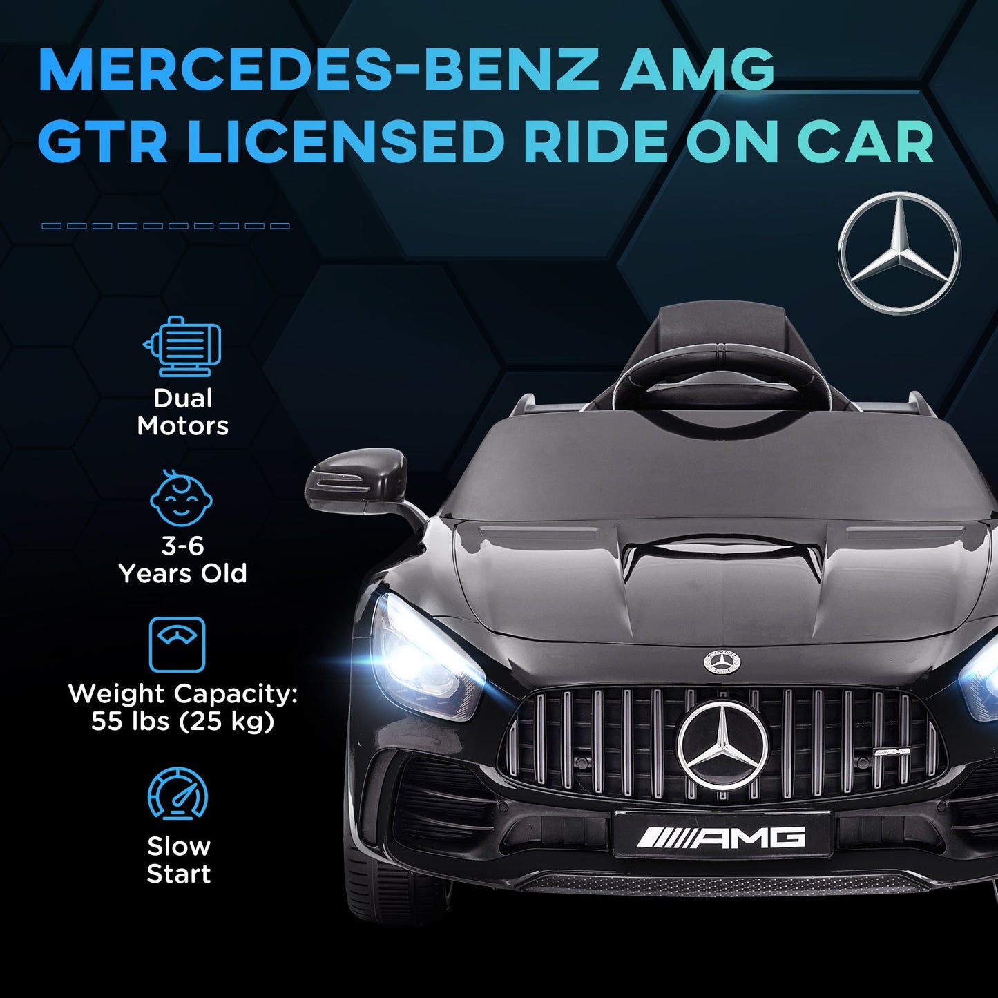 Qaba Mercedes-Benz AMG GTR Licensed 12V Kids Ride on Car, Battery Powered Kids Electric Car with Remote Control, Transport Wheels, Soft Start, Lights, Music, Horn & 3 Speeds for 3-6 Years, Black