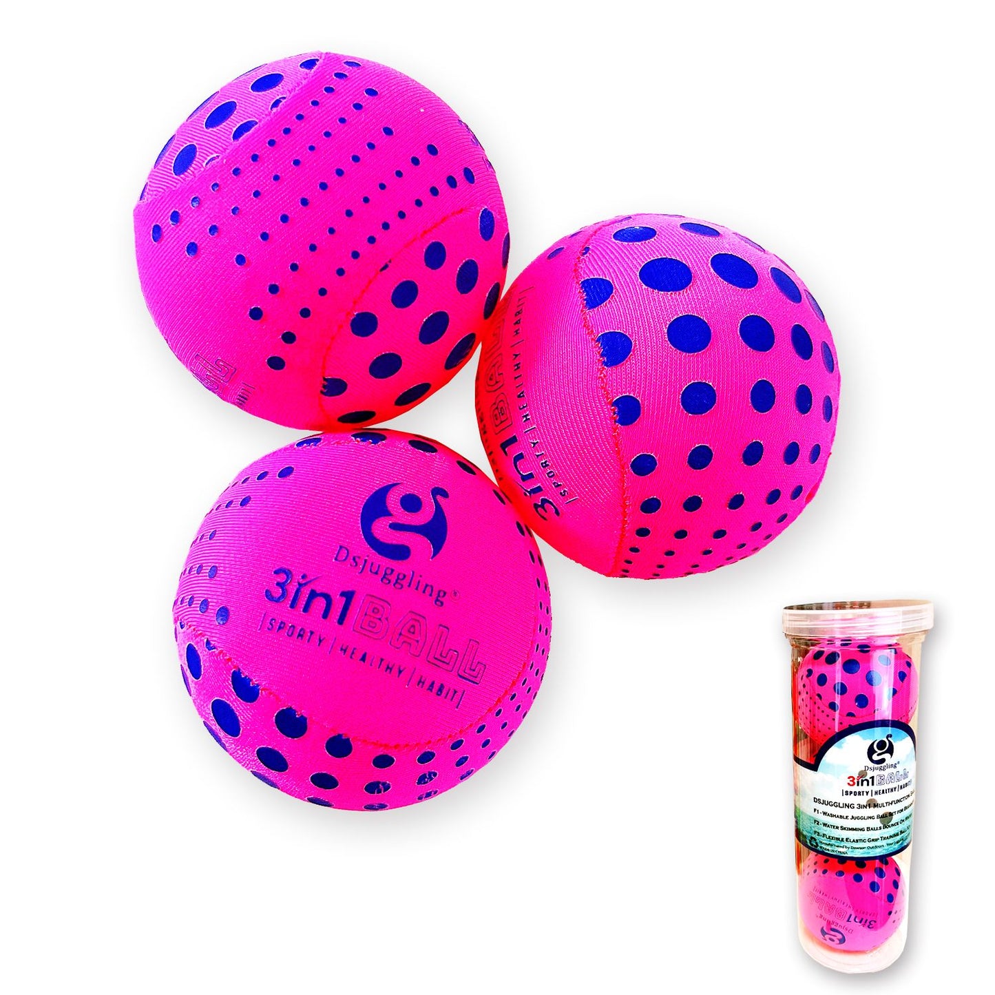 DSJUGGLING Washable Juggling Ball for Beginners, 60mm 100g Each 3in1 Multi-Function Balls Set of 3 | Water Skimming Balls Bounce On Water - Pool Ball & Beach Toys | Soft Bouncy Grip Training Ball Kit