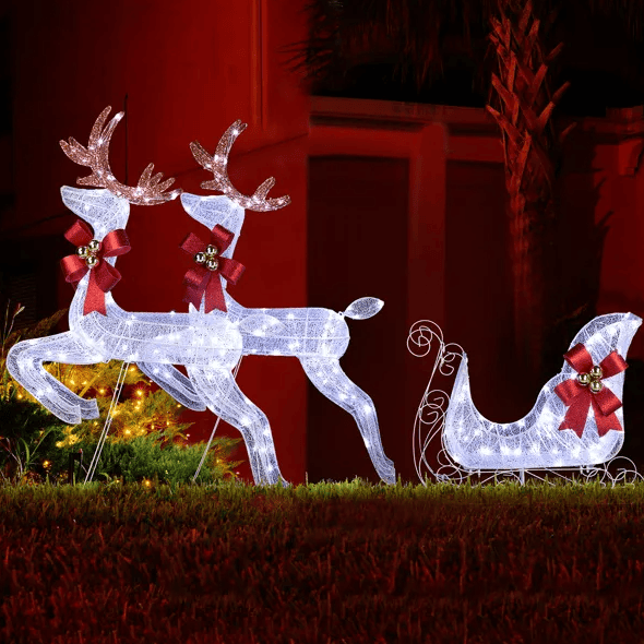 3-Piece Lighted Set Of 2 Reindeer & Sleigh, Weather Proof Christmas Outdoor Decorations With Pre-lit 270 LED White Lights And Stakes For Xmas Outdoor Holiday Indoor Decor Lighted Holiday Displays, Whi