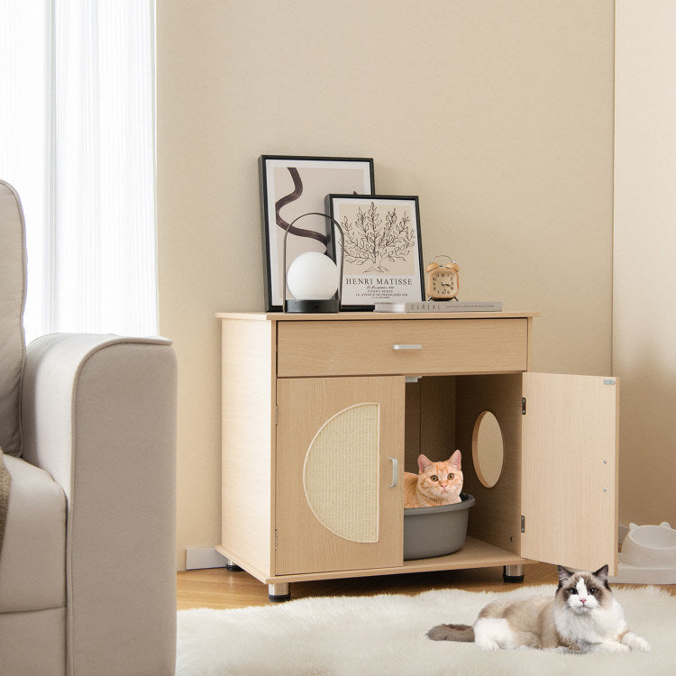 Cat Litter Box Enclosure with Sisal Scratching Doors and Storage