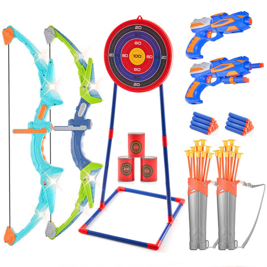 VEVOR Bow and Arrow Set for Kids, 2 Pack LED Light Up Archery Set with 20 Suction Cup Arrows, Standing Target, 2 Quivers, 2 Guns, 20 Soft Bullets, 3 Target Cans, Outdoor Toy for Boy & Girl 6+ Year Old