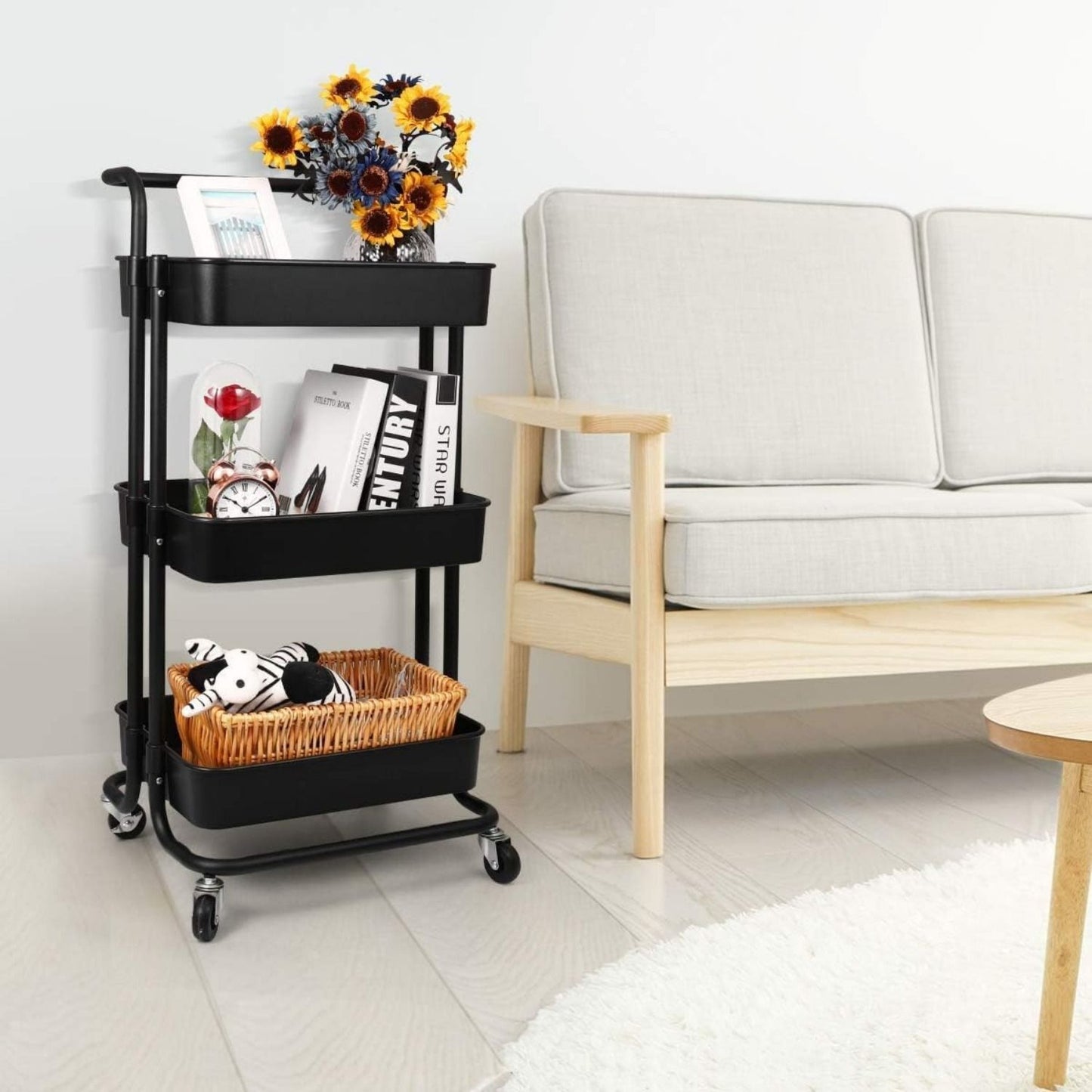 3 Tier Rolling Utility Cart Movable Storage Organizer with Mesh Baskets Lockable Wheels 360 Degree Rotatable Hanging Box Hooks Bedroom Bathroom Kitchen Ban on Amazon sales