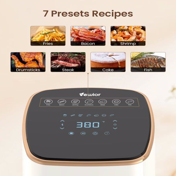 Air Fryer, VEWIOR 5.3Qt Airfyer with Viewing Window, 7 Custom Presets Large Air Fryer Oven with Smart Digital Touchscreen,Non-stick and Dishwasher-Safe Basket, Kitchen Tongs, Rack with Skewers