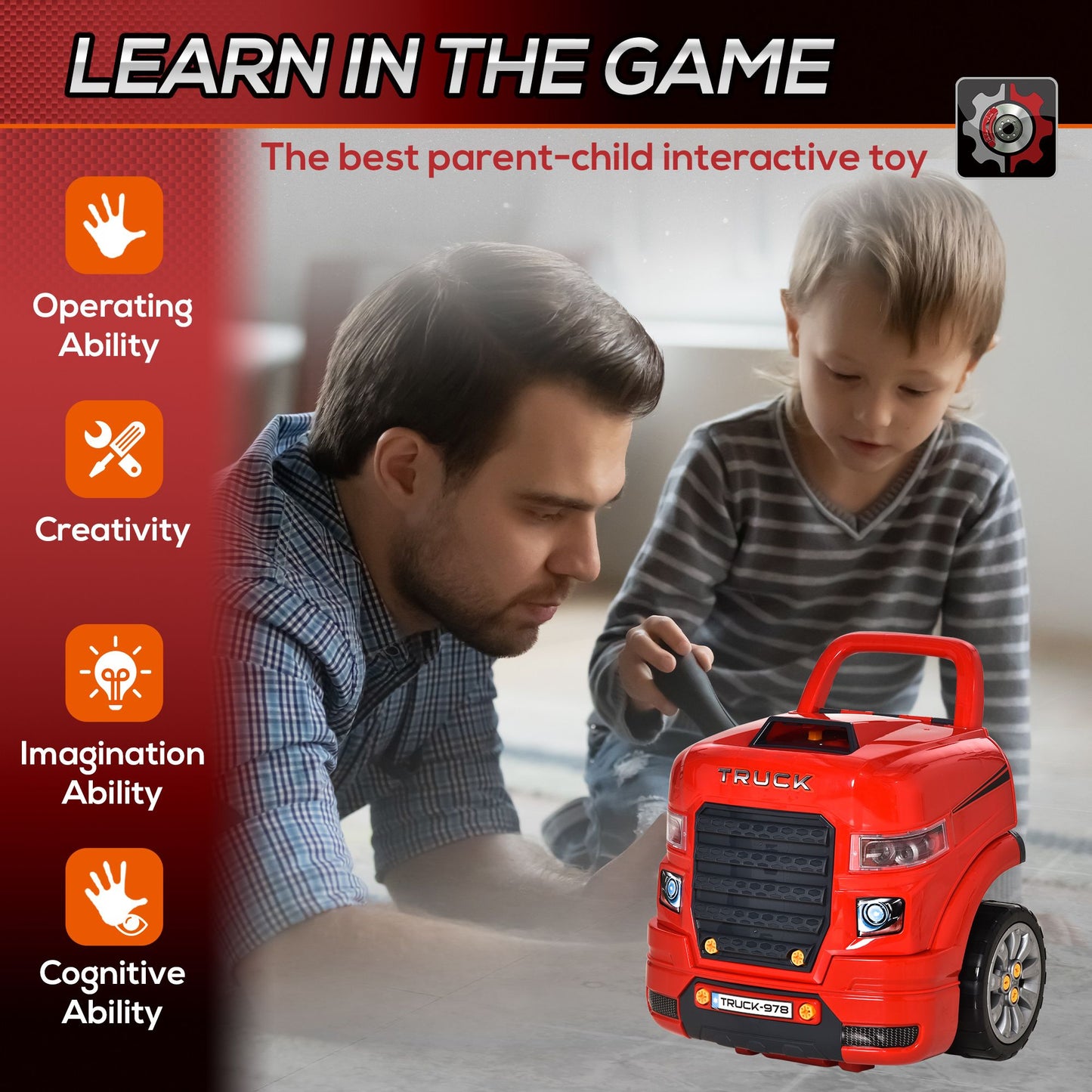 Qaba Kids Truck Engine Toy, Kids Mechanic Car Repair Set, Engine Disassembly Play Workshop, Includes 61 Pieces, Steering Wheel, Horn, Light for 3-5 Years Old, Red