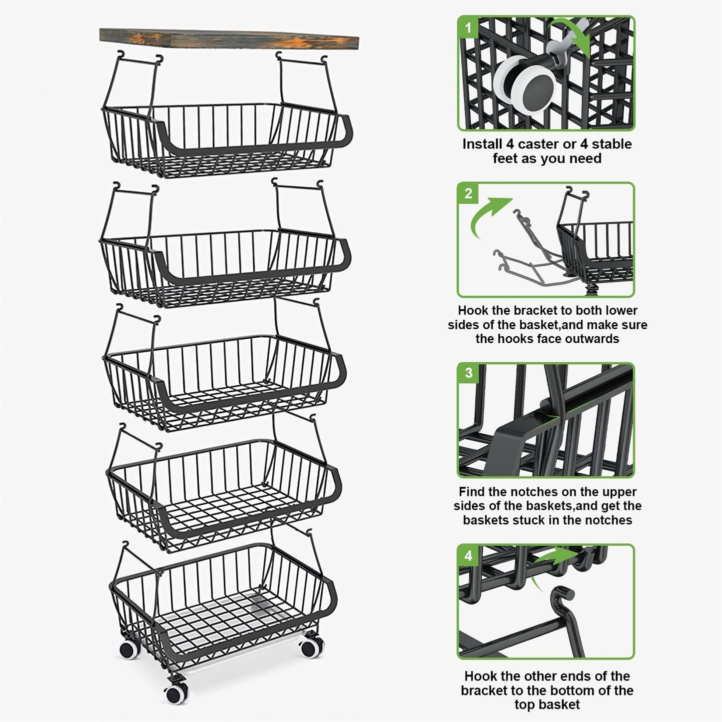 4/5/6 Tier Fruit Basket for Kitchen Organizers and Storage,with Solid Wood Top,Stackable Metal Wire Basket Stand Cart with Wheels for Fruit Vegetable