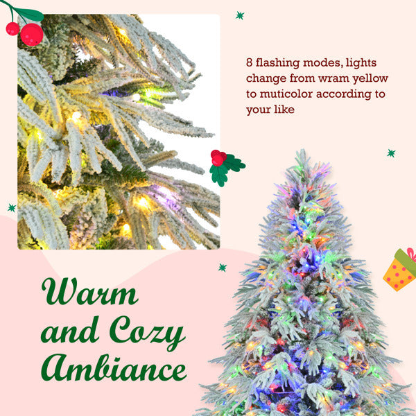 6FT Pre-Lit Spruce Snow Flocked Christmas Tree, Artificial Hinged Xmas Tree with 300 Multi-Color LED Lights, 8 Flashing Modes &790 Snow Branch Tips, Holiday Office Home Décor