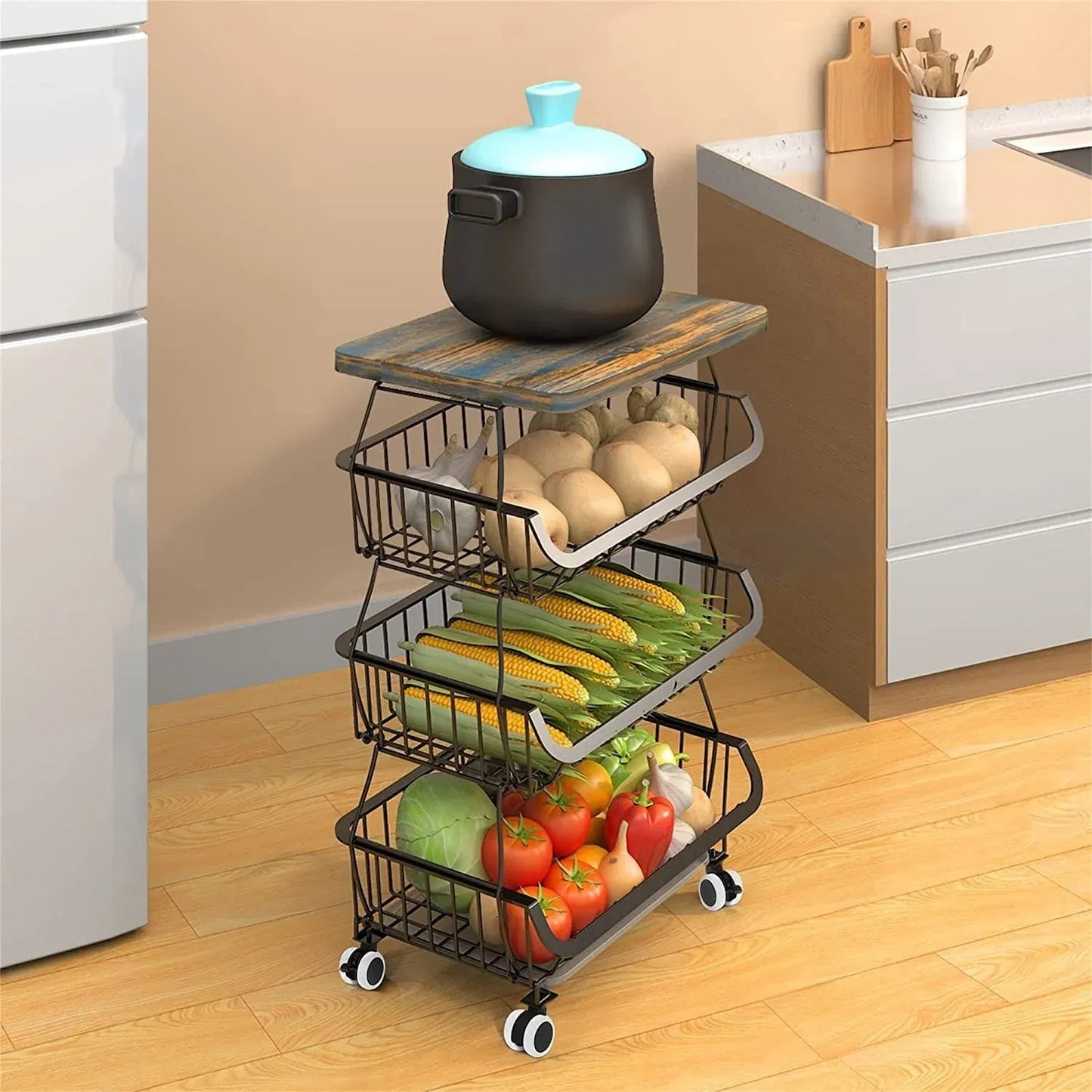 4/5/6 Tier Fruit Basket for Kitchen Organizers and Storage,with Solid Wood Top,Stackable Metal Wire Basket Stand Cart with Wheels for Fruit Vegetable