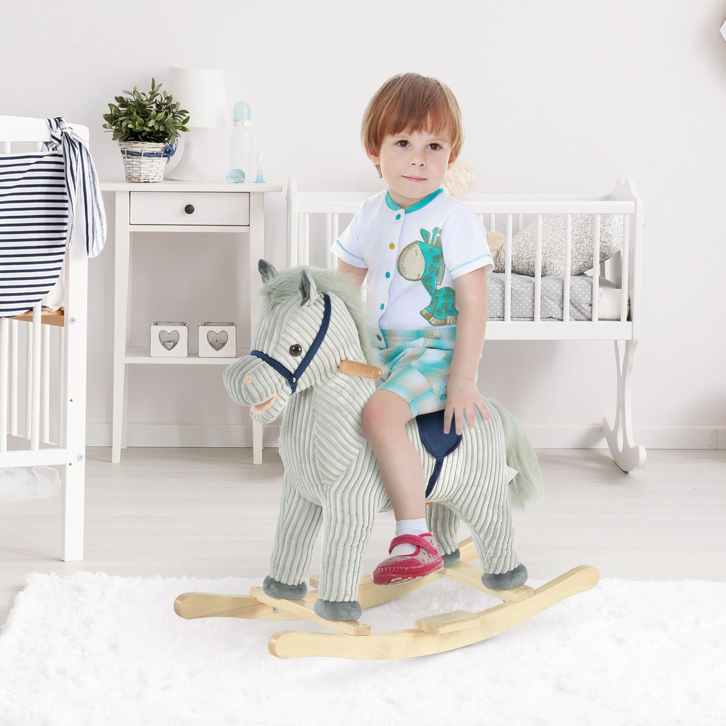 Qaba Kids Rocking Horse for Toddler 3-5, Plush Ride on Horse Wooden Rocker with Realistic Sounds, Gray