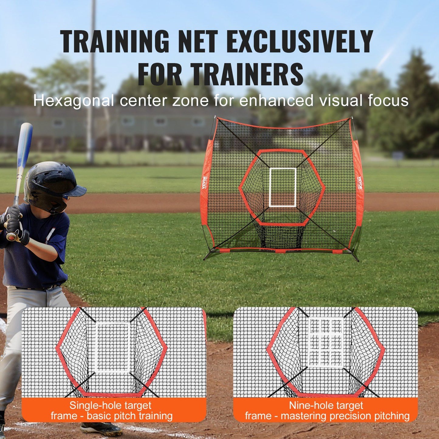 VEVOR 7x7 ft Baseball Softball Practice Net, Portable Baseball Training Net for Hitting Batting Catching Pitching, Backstop Baseball Equipment Training Aids with Bow Frame, Carry Bag, and Strike Zone