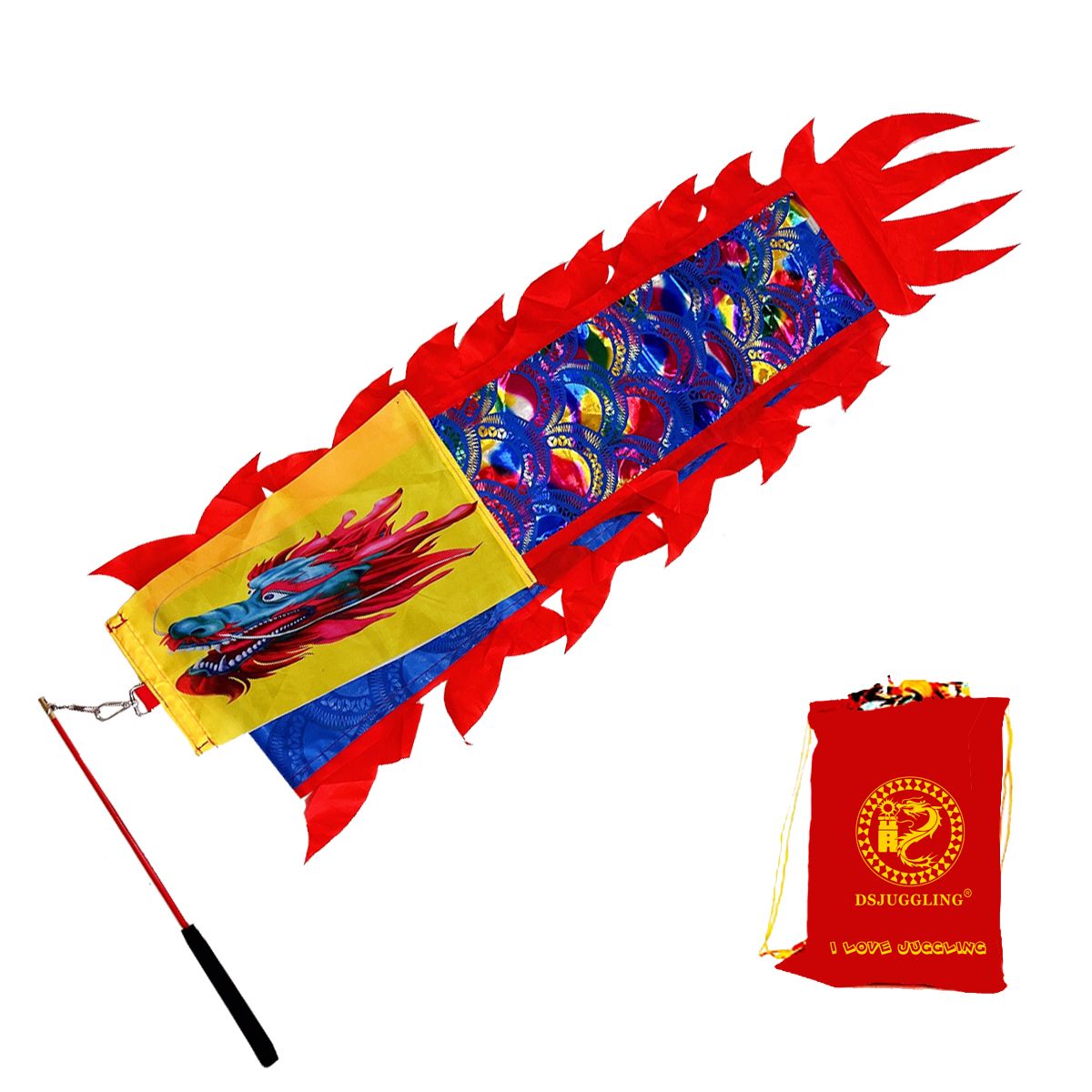 3 Meters (9.8 FT) Golden Scale Silk Dragon POI Outdoor Flinging Wind Spinners & Fitness Dragon Dance Wu Long 3D dragon Ribbon Streamer with Fiberglass Handstick + Travel Bag!