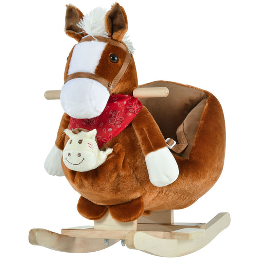 Qaba Kids Ride-On Rocking Horse Toy, Rocker with Lullaby Song, Hand Puppets & Soft Plush Fabric for Children 18-36 Months, Brown