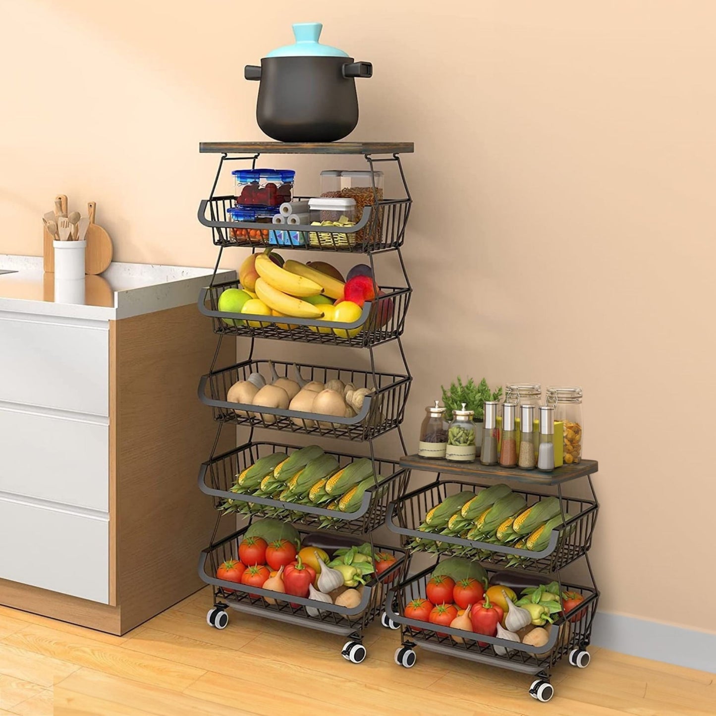 4/5/6 Tier Fruit Basket for Kitchen Organizers and Storage,with Solid Wood Top,Stackable Metal Wire Basket Stand Cart with Wheels for Fruit Vegetable