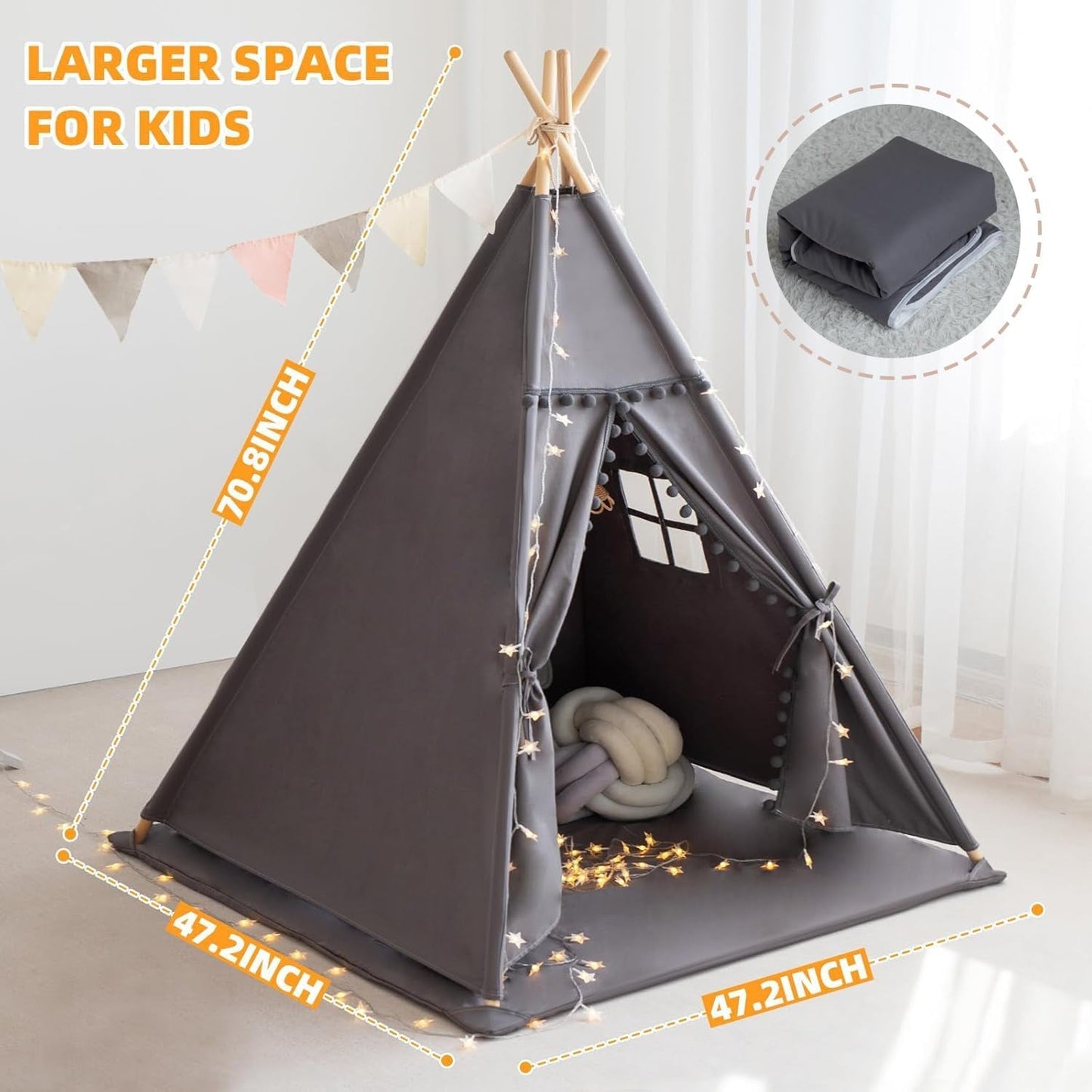 Grey Ultra Sof tDeluxe Cotton Canvas Teepee Tent For Kids