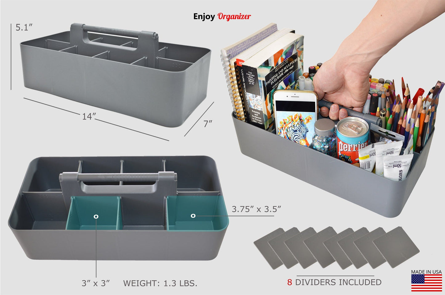 Enjoy Organizer - 3 PACK MIX -Portable Caddy, DIY Dividers, 8 Compartments, School Office Supplies Home Craft with Handle Made in USA