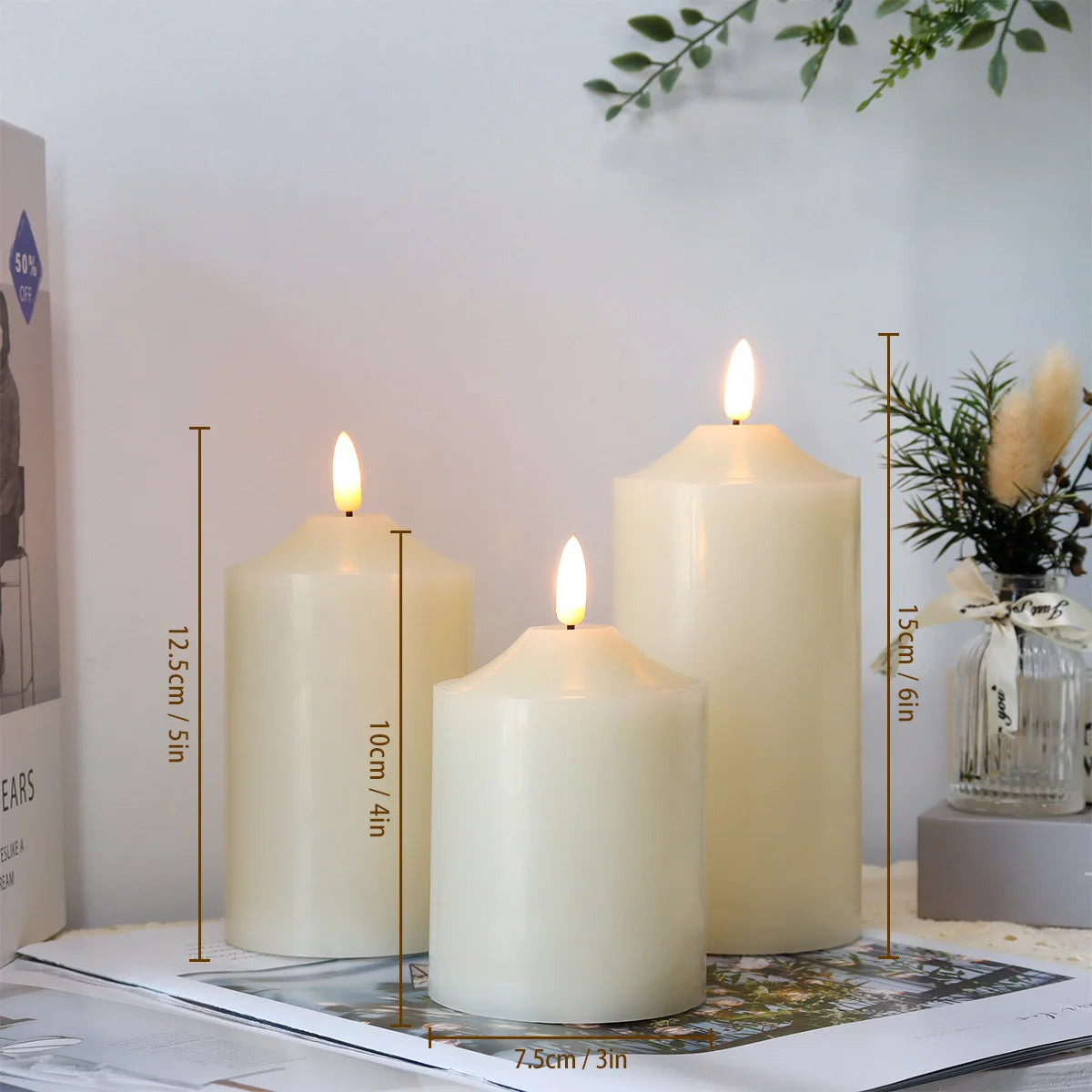 4/5/6inch High 3D Flameless Candles (Set of 3)