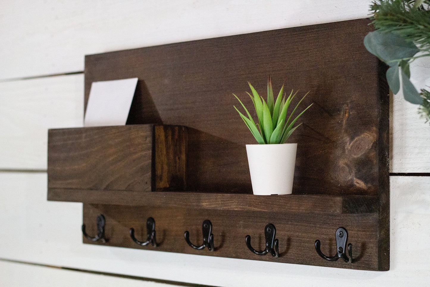 Solid Front Mail Holder with Shelf and Key Hooks.