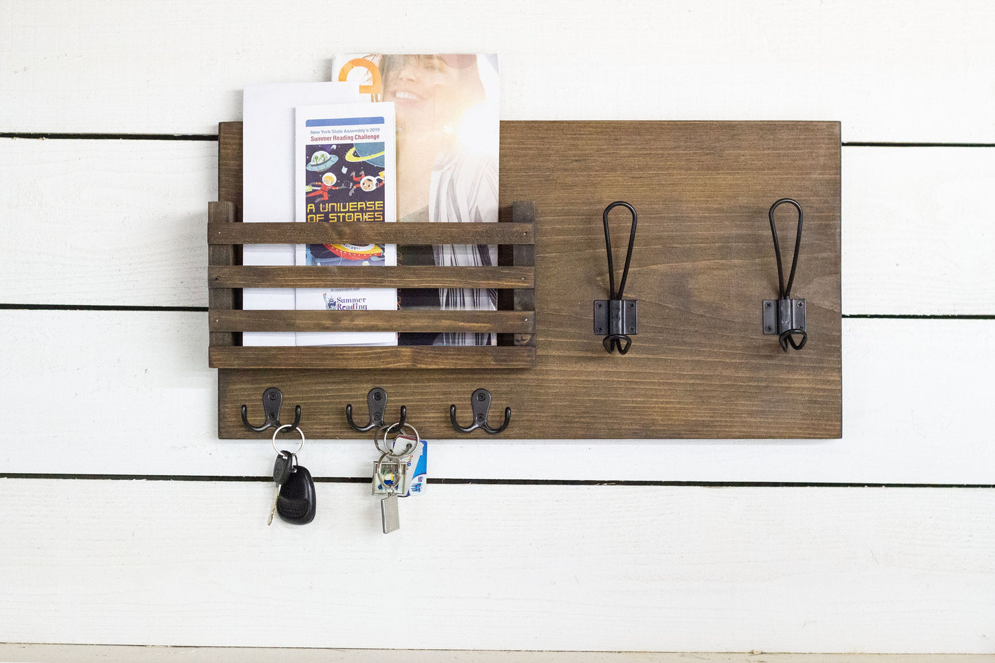 Mail Holder with Key Hooks and Farmhouse Style Coat Hooks