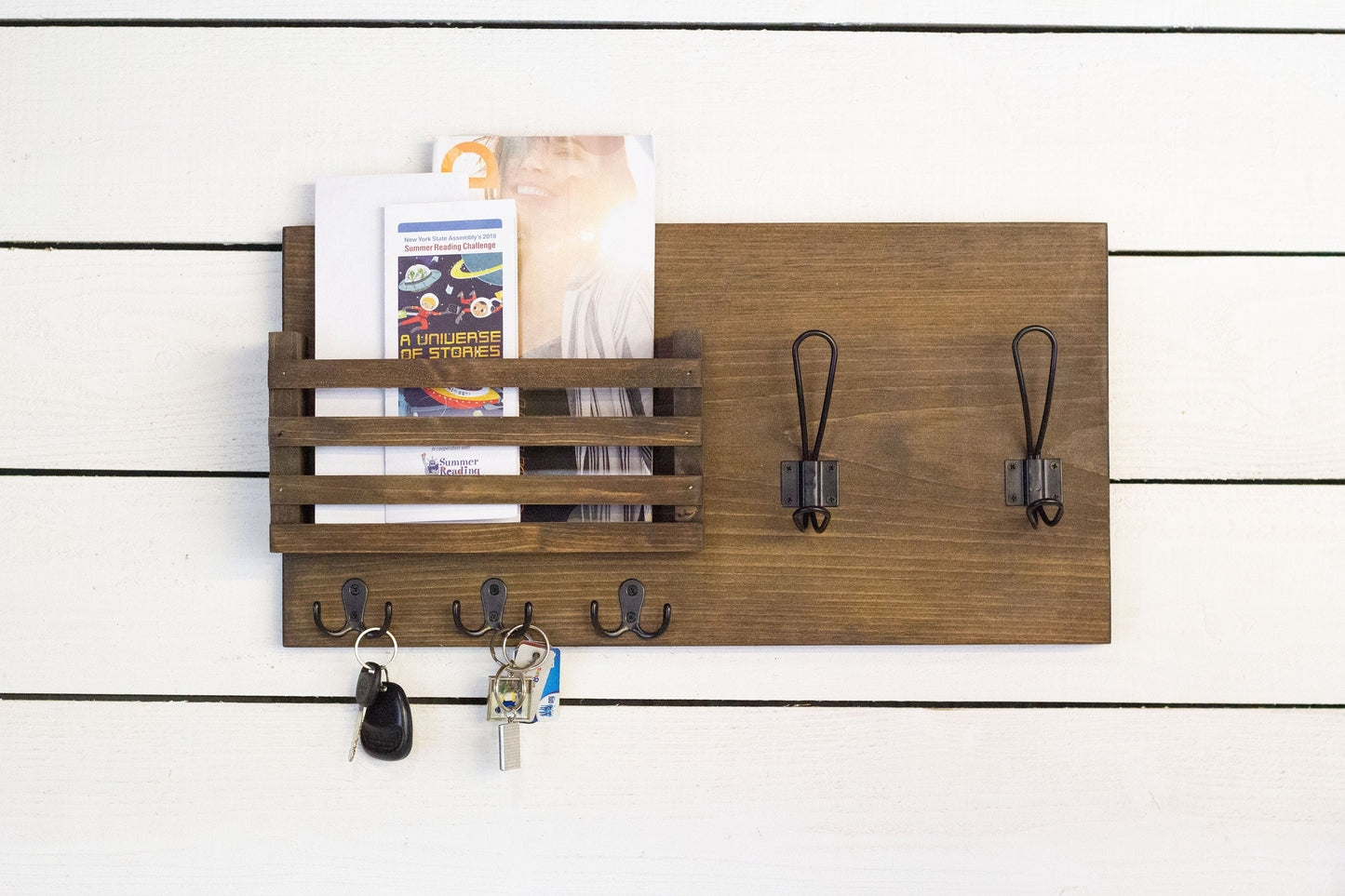 Mail Holder with Key Hooks and Farmhouse Style Coat Hooks